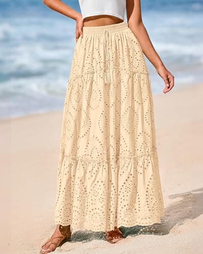BTFBM Boho Long Skirts for Women Spring Summer 2026 Lace Embroidery High Waist Flowy Tiered Maxi Skirt Beach Vacation(Beige, Medium) - Thumbnail 4