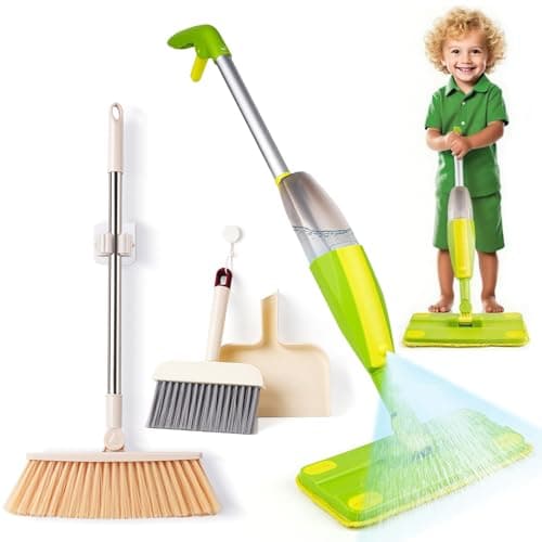 Lullulii Kids Spray Mop,Toddler Mop Cleaning Set, Real Working Mini Mop & Kids Broom Dustpan Set, Housekeeping Pretend Play Toy, Montessori Kid Cleaning Toy Set Includes Organizer Clip -Green - Image 1