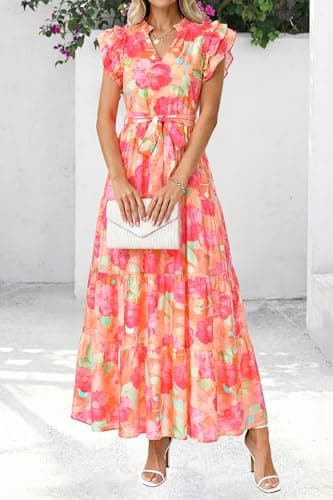 dowerme Women Summer Maxi Dresses 2026 Ruffle Sleeve V Neck Floral Boho Long Dress Belted Tiered Sundress with Pockets(Orange Red Big Floral,Small) - Thumbnail 3