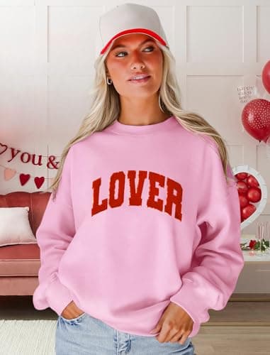 MAPICK Lover Sweatshirts for Women Long Sleeve Sweaters Crewneck Glitter Patch Letter Clothes(Pink, XX-Large) - Thumbnail 4