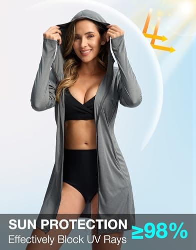 Soothfeel Women's UPF 50+ Swim Cover Up Sun Protection Hoodie SPF Lightweight Jacket Long Sleeve Beach Cover Ups for Women (Heather_Dark_Grey,XS) - Thumbnail 4