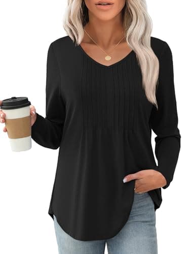 JUSTFASHIONNOW Winter Tops for Women V Neck Long Sleeve Shirts Pleated Plus Size Tunic Tops Peplum Dressy Blouses Women's Work Clothes Trendy 2025 (Black, Medium) - Thumbnail 4