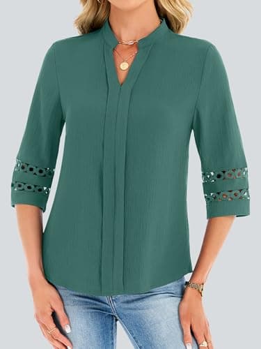 Funlingo Womens 3/4 Sleeve Tops Business Casual V Neck Dressy Blouses Fashion Office Work Tunic Pleated Shirts Trendy Outfits 2026 Turquoise L - Thumbnail 2