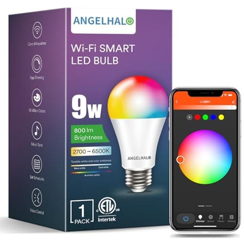 ANGELHALO Smart Light Bulbs, Color Changing A19 LED Light Bulb, Work with Alexa and Google Assistant, Wi-Fi & Bluetooth Light Bulbs, 16 Million Colors RGBCW, Music Sync, 800 Lumens, 2.4Ghz only,1 Pack - Image 1