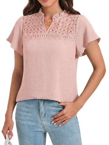 Funlingo Women Blouses Dressy Casual V Neck Ruffle Sleeve Lace Tops Eyelet Hollow Out Tunic Work Shirts Beach Vacation Outfits 2026 Pink 3XL - Image 1