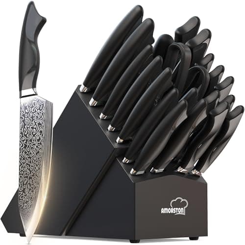 Amorston 22 Pieces Knife Set, Laser Engraved High Carbon Stainless Steel Knife Block Set, Full Tang Professional Kitchen Knife Set with Built-in Sharpener - Image 1