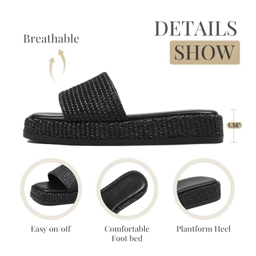 Celbreez Black Platform Sandals Espadrilles Wedges for Women Raffia Summer Sandals 2026 Slip On Low Wedge Slide Straw Comfortable Cute Beach Vacation Shoes Casual Daily Outfit - Thumbnail 5
