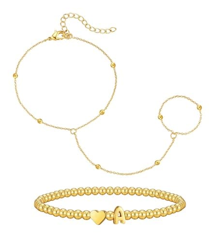 Wowshow Hand Chain Bracelet, Gold Bracelets for Women with Heart Letter Charm A 18K Gold Plated Stretch Initial Jewelry Gifts for Mother Girlfriend - Image 1