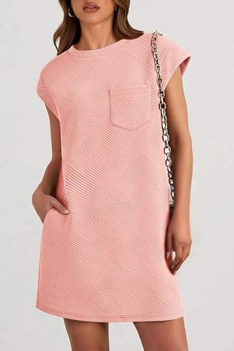 PRETTYGARDEN Women's Summer Short T Shirt Dress Cap Sleeve Crew Neck Casual Loose Basic Mini Dresses (Pink,Medium) - Thumbnail 5