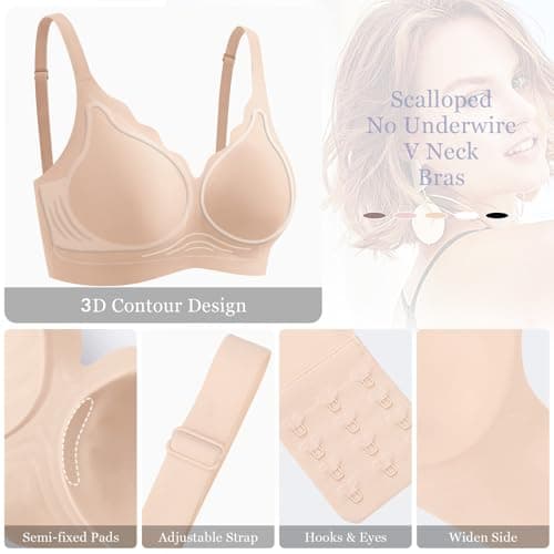 Ganado Wireless Bras for Women No Underwire Scalloped Seamless Bras with Support and Lift Padded T Shirt Bra Comfort Bralette (#2 Nude 3X-Large) - Thumbnail 4