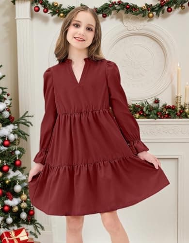 JiAmy Girls Casual Dresses Fall V Neck Long Sleeve Loose Ruffle Tiered Swing Tunic Dress with Pockets Wine Red 5-6 Years - Thumbnail 2