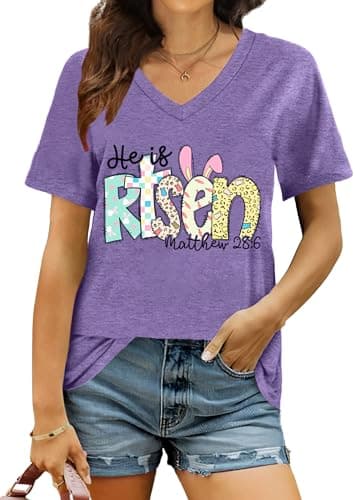 PICKID Easter Shirt Women He is Risen T Shirt Easter Christian Shirts Happy Easter Gift Tees Holiday V Neck Tops - Image 1