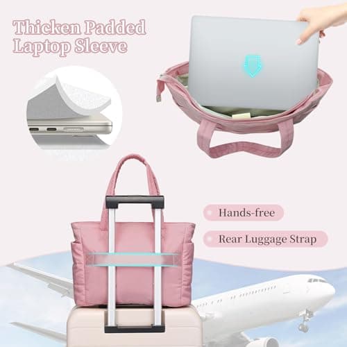 JHhomezeit Puffer Tote Bag for Women-Large Work Tote Bags Quilted Lightweight Puffy Bags Shoulder Bag with Laptop Compartment Pink - Thumbnail 4