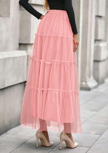 PRETTYGARDEN Tulle Skirts for Women 2026 Spring Fashion Elastic High Waisted Tiered Flowy Fairy A-Line Casual Maxi Long Skirt (Light Pink,Medium) - Thumbnail 5