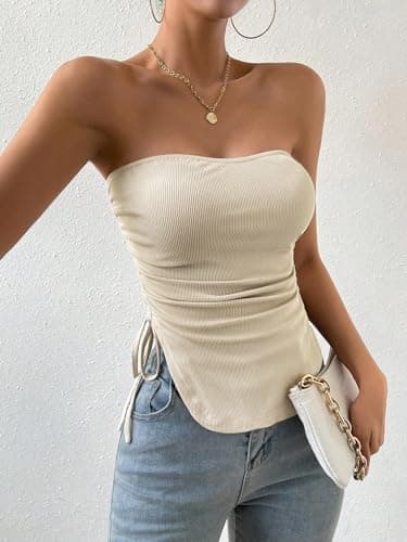 GORGLITTER Women's Strapless Knit Tube Top Y2k Ruched Drawstring Curve Hem Bandeau Going Out Tops Apricot Large - Thumbnail 5