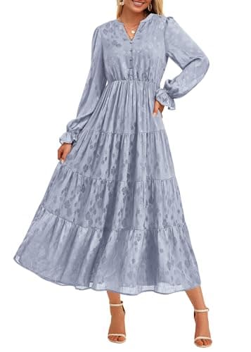 KIRUNDO Spring Wedding Guest Dresses for Women 2026 Maxi Floral Long Sleeve Elegant Ruffle Tiered Flowy Party Long Dress(Grey Blue, Medium) - Image 1
