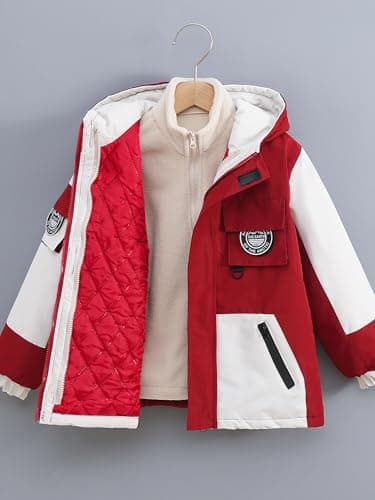 ELUCKFACE Kids Windproof 3-in-1 Winter Jacket, Hooded Water-Resistant Thick Coat with Detachable Fleece for Boys Girls Red 11-12 Years - Thumbnail 2