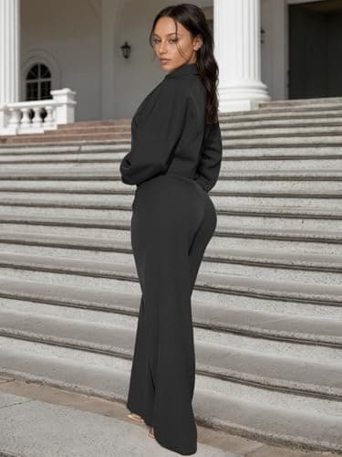 EXLURA Womens 2 Piece Outfits Long Sleeve Zip Up Crop Jackets Long Wide Leg Pant Suits Spring Airport Travel Matching Sets - Thumbnail 5