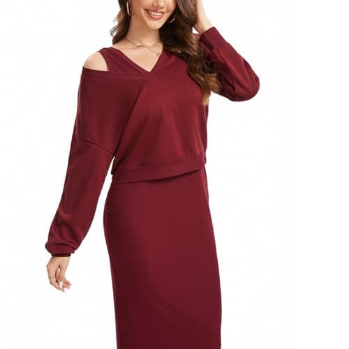 Anyshe Women's 2 Piece Matching Knit Sweater Set, Long Sleeve V-Neck Top with Maxi Skirt, Effortless Style for Vacation - Image 1