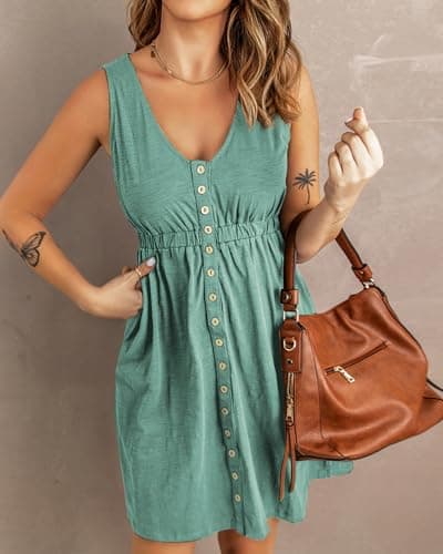 BTFBM Summer Dresses for Women 2026 Casual Spring Clothes Sleeveless Crewneck Beach Vacation Outfits Mini Flowy Sun Dress(Buttons Fruit Green, Large) - Thumbnail 2