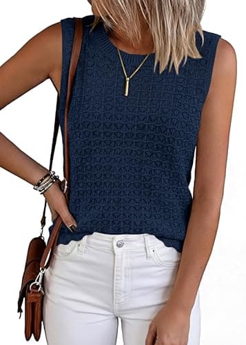 KIRUNDO Sweater Vest Women Crochet Tank Tops 2026 Spring Summer Sleeveless Knit Pullover Beach Cover Up Vacation Outfits (Navy, Large) - Image 1