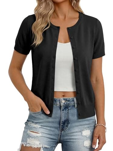 GRACE KARIN Black Cardigan for Women, Short Sleeve Button Down Sweaters, 2026 Spring Knit Sweater Tops Black XL - Image 1