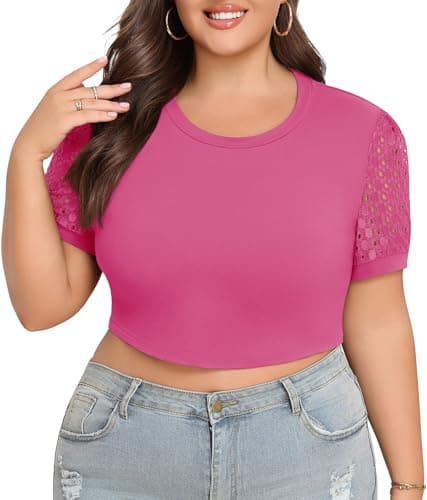 Lastshe Women Plus Size Workout Tops Activewear Crop Tshirts Lace Short Sleeve Exercise Tees,Hot Pink,4X - Image 1