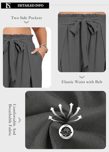 Lastshe Women's Plus Size Pants Wide Leg Work Casual Palazzo Flowy Elastic High Waisted Tie Knot Trousers with Pockets, Smoke Grey, 1X - Thumbnail 6