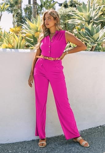 Pink Queen Women's Classy Dressy Jumpsuit Sleeveless Button Up Wide Leg Long Pants Business Pantsuit Bright Pink L - Thumbnail 3