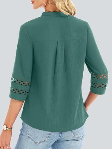 Funlingo Womens 3/4 Sleeve Tops Business Casual V Neck Dressy Blouses Fashion Office Work Tunic Pleated Shirts Trendy Outfits 2026 Turquoise L - Thumbnail 4