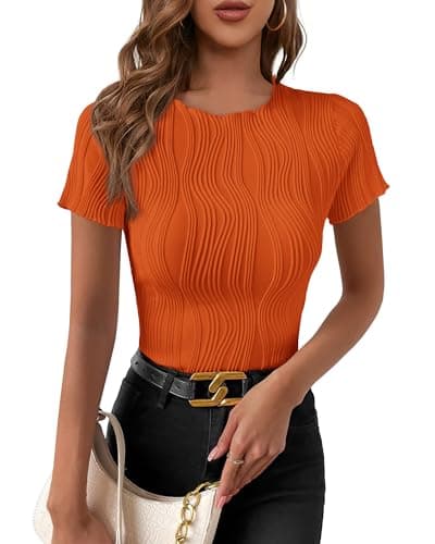 PRETTYGARDEN Women's Summer Tops 2026 Casual Short Sleeve Crewneck Slim Fit T Shirts Basic Knit Y2K Top Textured Blouse(Orange Red,XX-Large) - Image 1