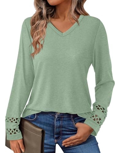 GKBK Women’s Long Sleeve V Neck Tunic Top Casual Dressy Blouse Business Loose Fit Trendy 2025 Fall Outfits Light Green S - Image 1
