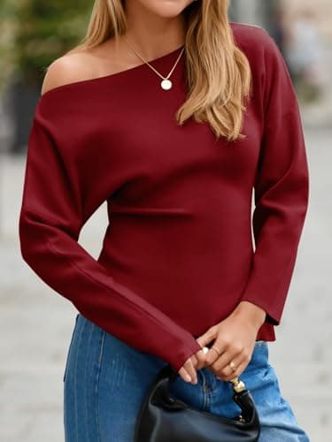 Saodimallsu Womens Off One Shoulder Sweaters Long Sleeve 2025 Casual Fall Pullover Knit Tops Burgundy - Thumbnail 5