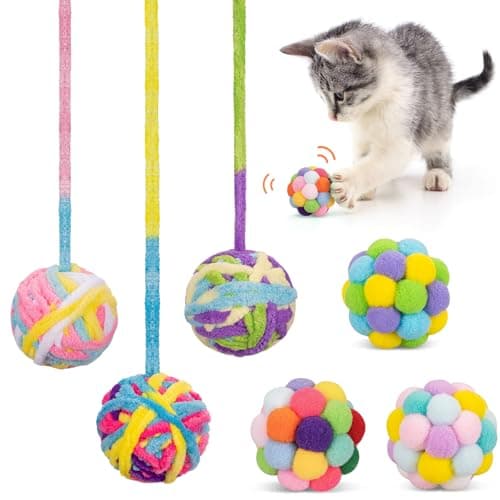 Retro Shaw Cat Toys Balls, 6Pcs Woolen Yarn Cat Ball Toy with Bell Inside, Interactive Kitten Toys for Indoor Cats Kitty, Chew Toys Jingle Pompom Ball with String - Image 1