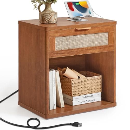 LEYAOYAO Rattan Nightstand with Charging Station, Tea Brown Night Stand with Drawer, 23" Wide Boho Bedside Table with Storage Shelf, Bed Side End Tables for Bedroom, Living Room, Hallway - Image 1