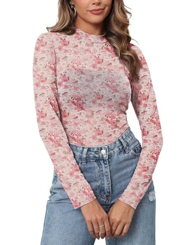 Gleeneat Floral Mesh Long Sleeve Tops for Women Sheer Sleeve Mock Neck Lace Undershirt Slim Fit Fishnet Going Out Date Night Blouse 2024 2025 Trendy Summer Clothes - Image 1