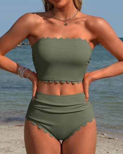 Charmo Strapless High Waisted Bikini Sets Women Tummy Control Scallop Bandeau Swimsuit Two Piece Bathing Suit Army Green M - Thumbnail 3