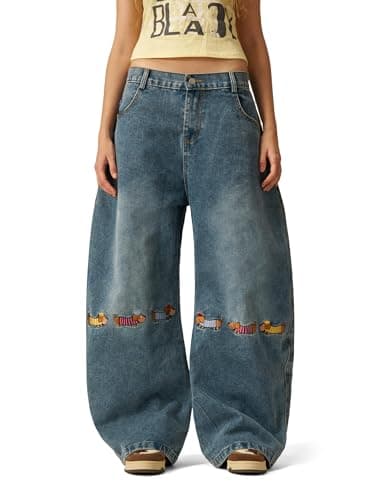 Aelfric Eden Dachshund Embroidery Baggy Barrel Jeans Wide Leg Y2K Denim Pants Straight Loose Jeans Streetwear Unisex Blue 28 - Thumbnail 3