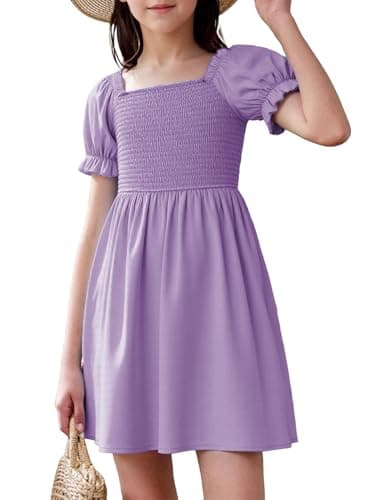 JiAmy Little Girls Summer Ruffled Puff Sleeves Dress Kids Square Neck Smocked Midi Casual Dresses Purple 5-6 Years - Image 1