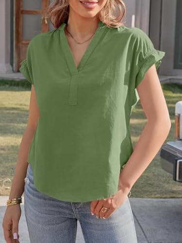 Tankaneo Womens Ruffle Short Sleeve Blouses Summer Casual V Neck Tops Loose Curved Hem Cotton Shirts Army Green - Thumbnail 5