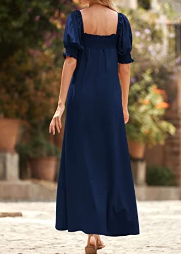KIRUNDO Women 2026 Summer Maxi Dress Casual Loose Puff Sleeve Square Neck Maternity Flowy Long Beach Dresses with Pockets(Navy, Large) - Thumbnail 5