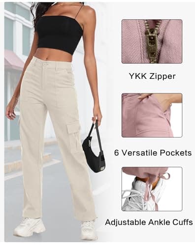 FREEOAK High-Waist Stretch Cargo Pants for Women Y2K Baggy Style with Zipper Pockets Straight Leg Trousers for Casual Wear Size Medium - Thumbnail 4