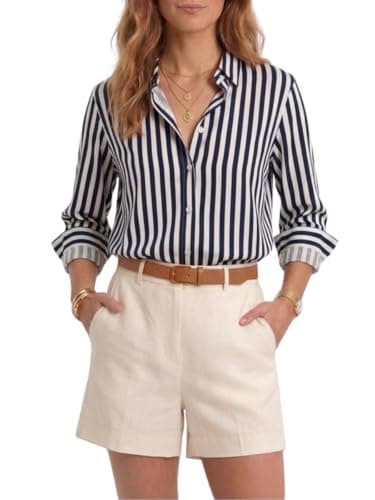 Women’s Long Sleeve Button Down Shirt, Classic Striped Blouse with Pearl Buttons, Casual & Dressy Tops for Women, Comfortable Polyester Blouse for Work & Everyday Wear (Navy)-XL