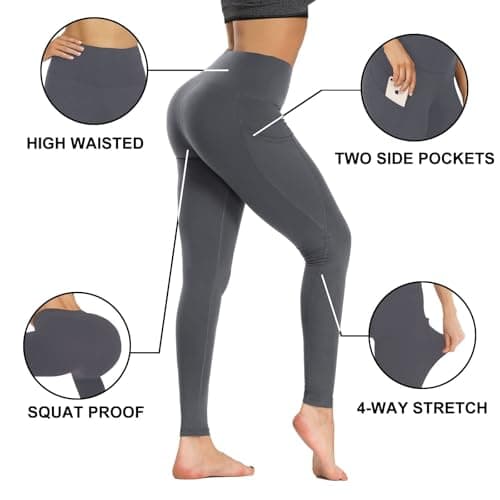 GAYHAY High Waist Yoga Pants with Pockets, Leggings for Women Tummy Control Compression Workout Leggings for Women Dark Grey - Thumbnail 3