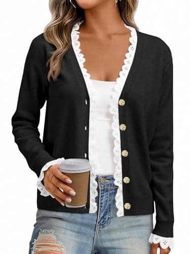 Cicy Bell Womens Lace V Neck Cardigan Sweaters Button Down Long Sleeve Knit Tops Fall Trendy Lightweight Open Front Sweater Black - Image 1
