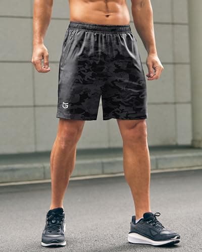 Men's Athletic Running Shorts with Zipper Pockets Quick Dry 7"/ 5"/ 9" Workout Gym Shorts for Basketball Hiking(Grey Camo,7XS) - Thumbnail 3