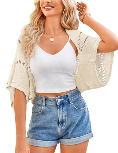 BB&KK Crochet Summer Cardigan for Women Bolero Shrug Lightweight Open Front Hollow-Out Batwing Sleeve Cropped Cardigan Beige - Image 1