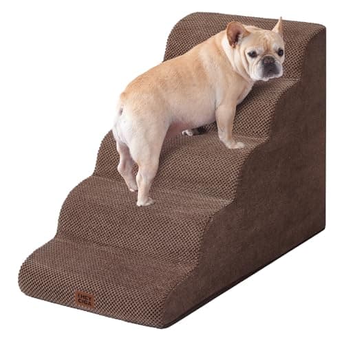 EHEYCIGA Curved Dog Stairs Ramp for High Beds, 5-Step Extra Wide Dog Steps for Small Dogs and Cats, Pet Stairs for High Bed Climbing, Non-Slip Balanced Pet Step Indoor, Brown - Image 1