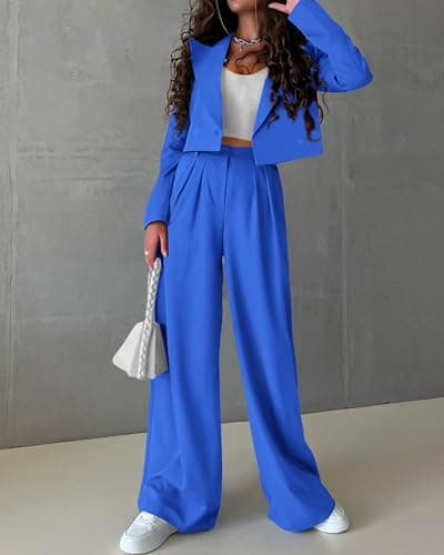 KIRUNDO Womens Suits for Work Professional Spring Fall Two Piece Crop Blazer and Pants Set Matching Set Fashion Clothing (Blue, Large) - Thumbnail 3