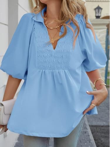 Cicy Bell Womens Summer Puff Sleeve Blouses Smocked V Neck Babydoll Peplum Casual Tunic Tops Loose Fit Pleated Shirts Blue - Thumbnail 2